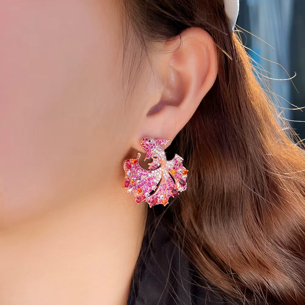 Pink Zirconia Feathery Fish Earrings