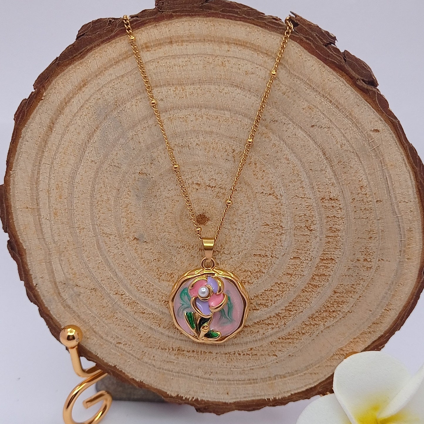 Enamel Pink Flower Circle Chain