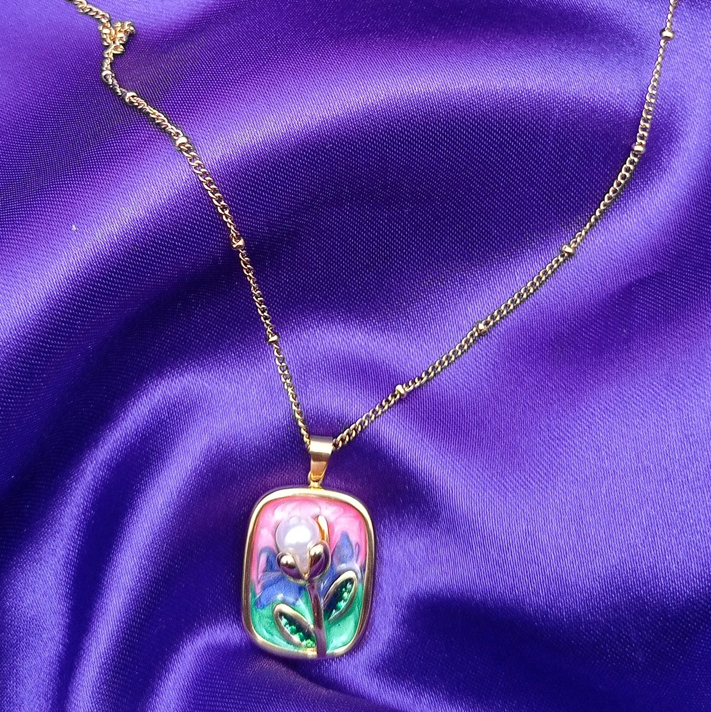 Enamel Pearl Flower Rectangle Chain