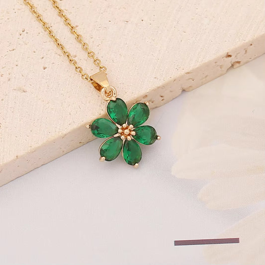 Green 6-Petal Flower Pendant Chain