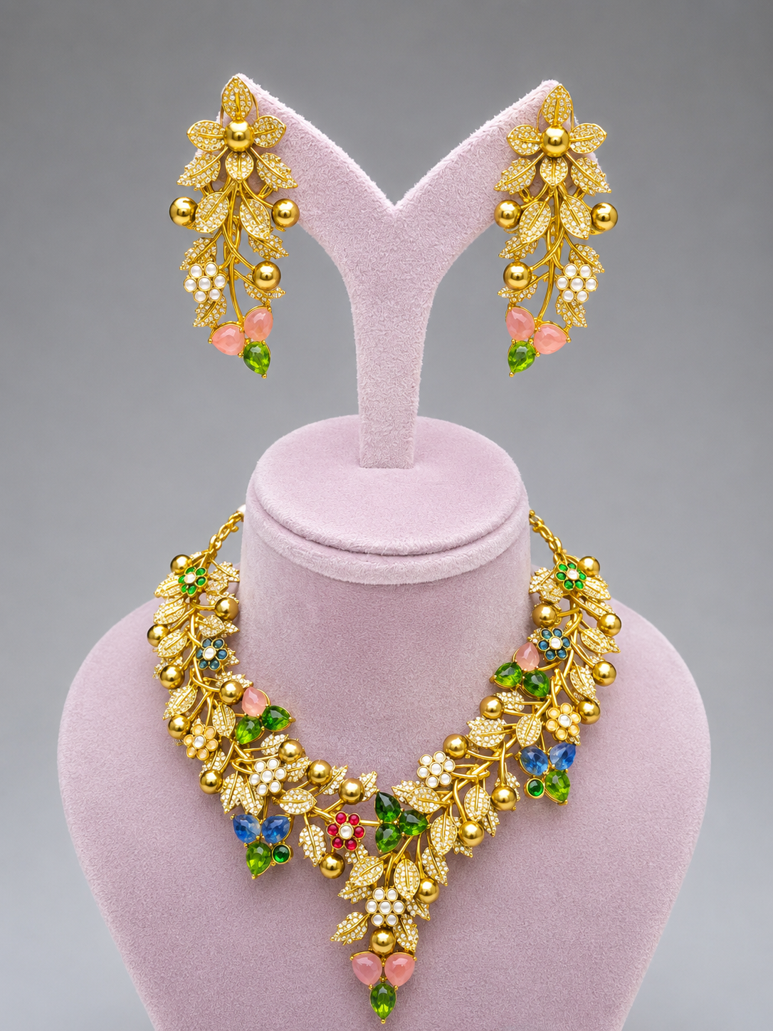 Floral Gold Plated Necklace Set with Earrings