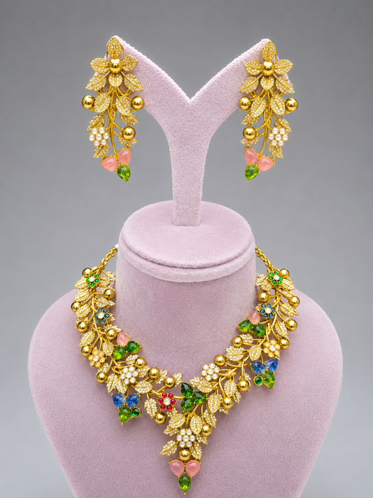 Floral Gold Plated Necklace Set with Earrings