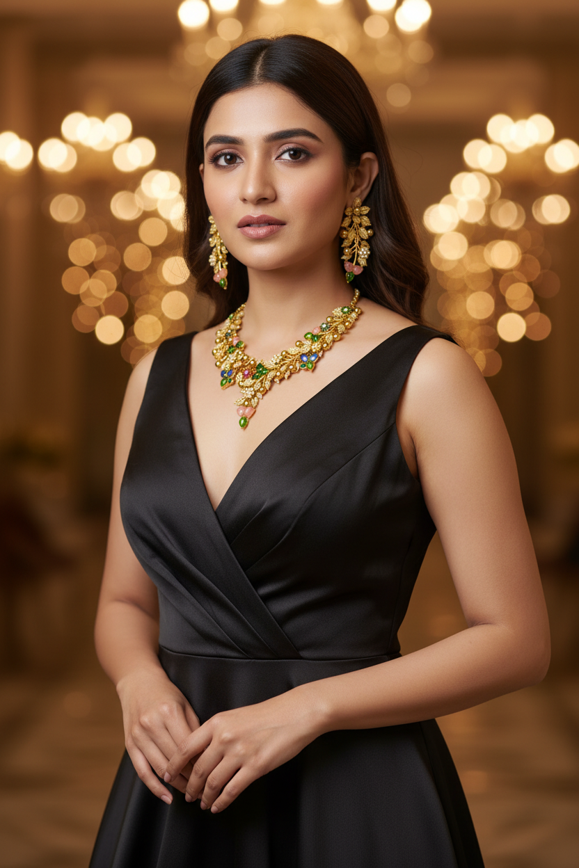 Floral Gold Plated Necklace Set with Earrings