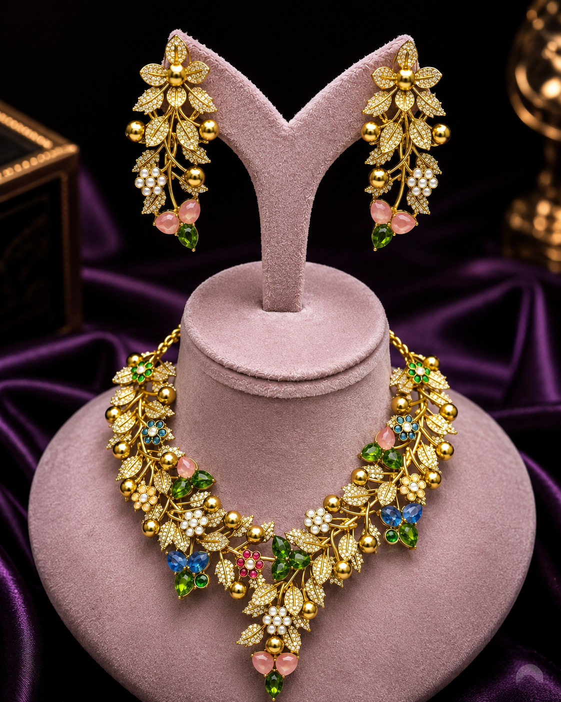 Floral Gold Plated Necklace Set with Earrings