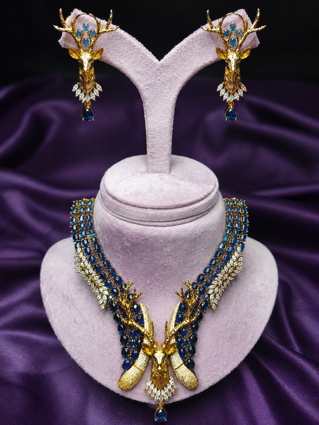 Blue Zircon Gold Plated Deer Necklace Set with Earrings