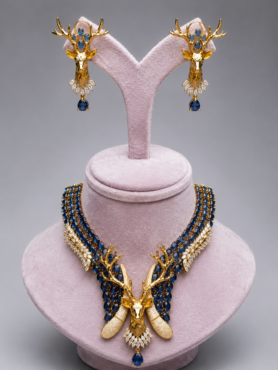 Blue Zircon Gold Plated Deer Necklace Set with Earrings