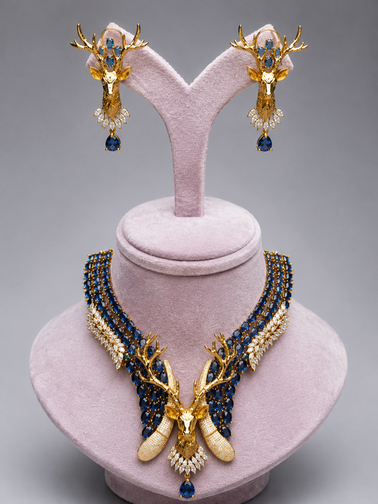 Blue Zircon Gold Plated Deer Necklace Set with Earrings
