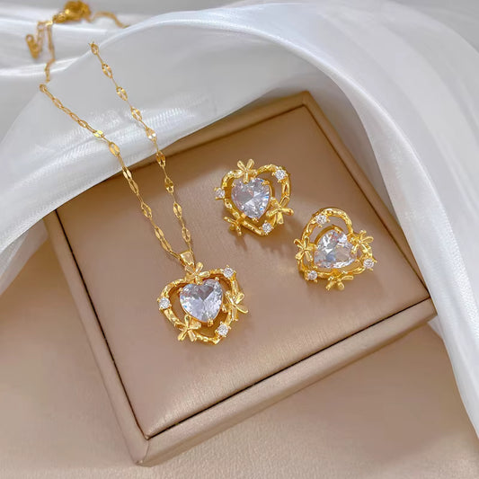Golden Heart Crystal Pendant Set