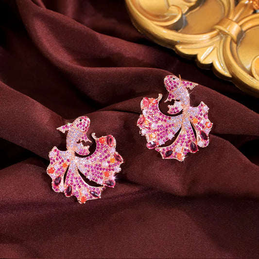 Pink Zirconia Feathery Fish Earrings