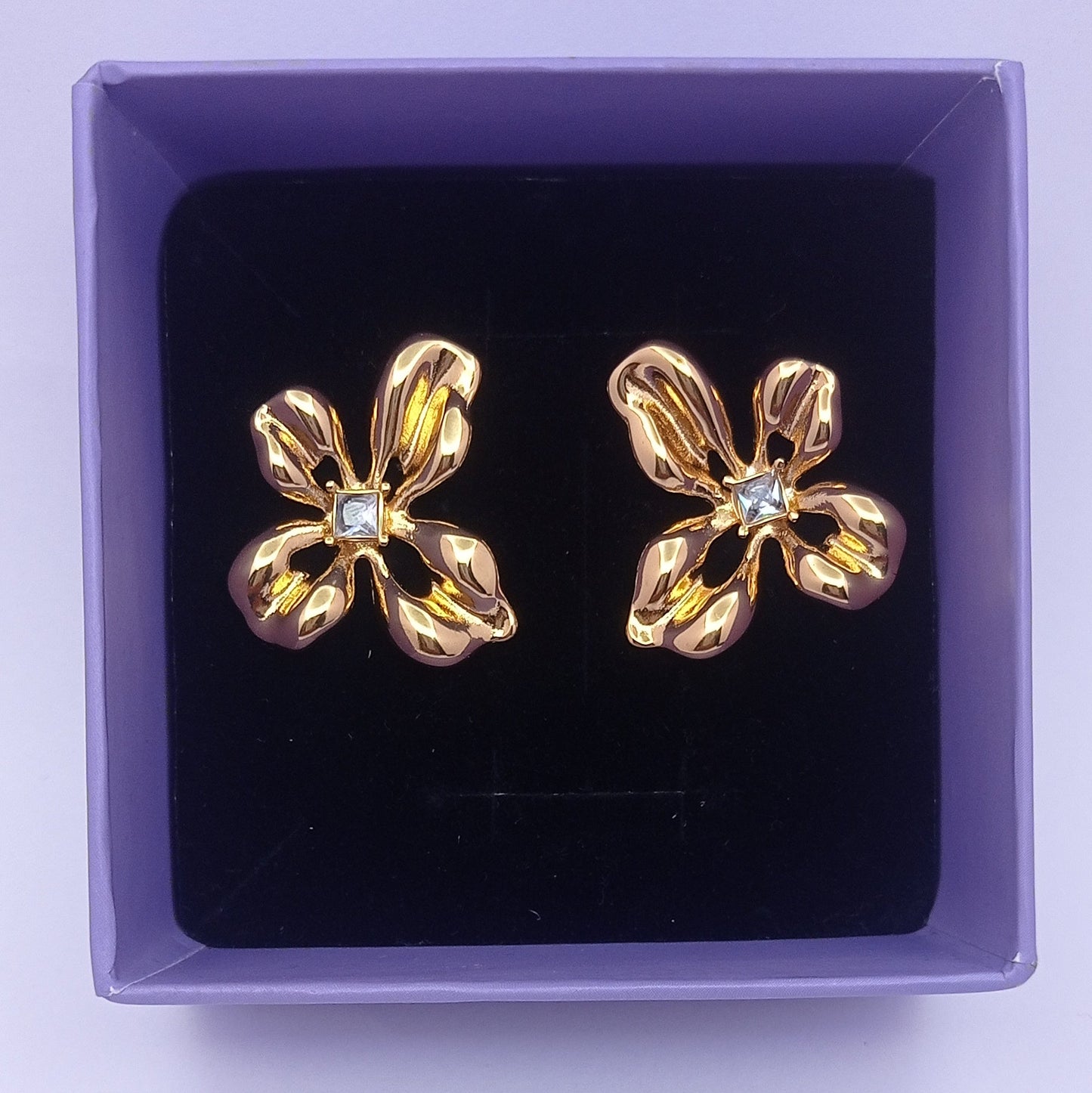 Five Petal Flower with Square Stone Center Earring