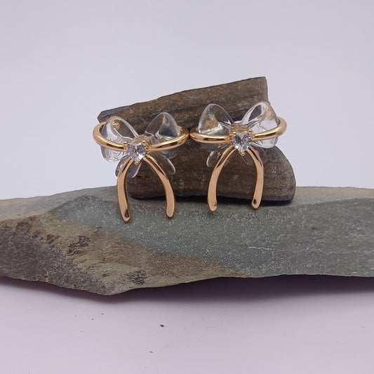 Golden Glass Bow with White Heart Earring