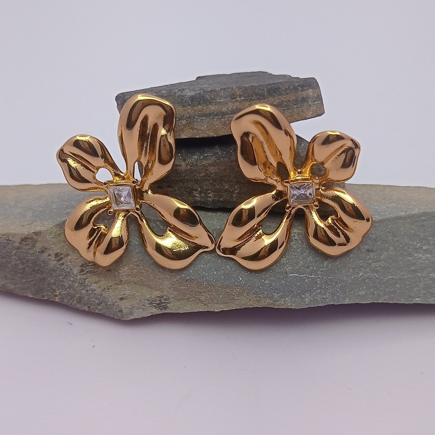 Five Petal Flower with Square Stone Center Earring