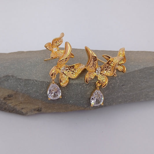 Two Butterfly Hanging White Stone Drop Earring