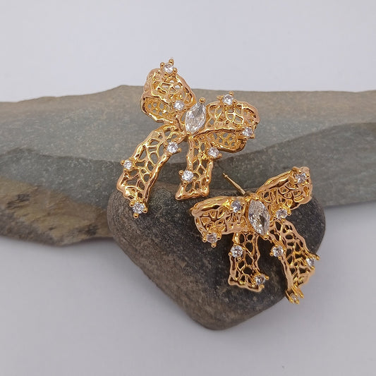 Big Bow with White Stones Earring