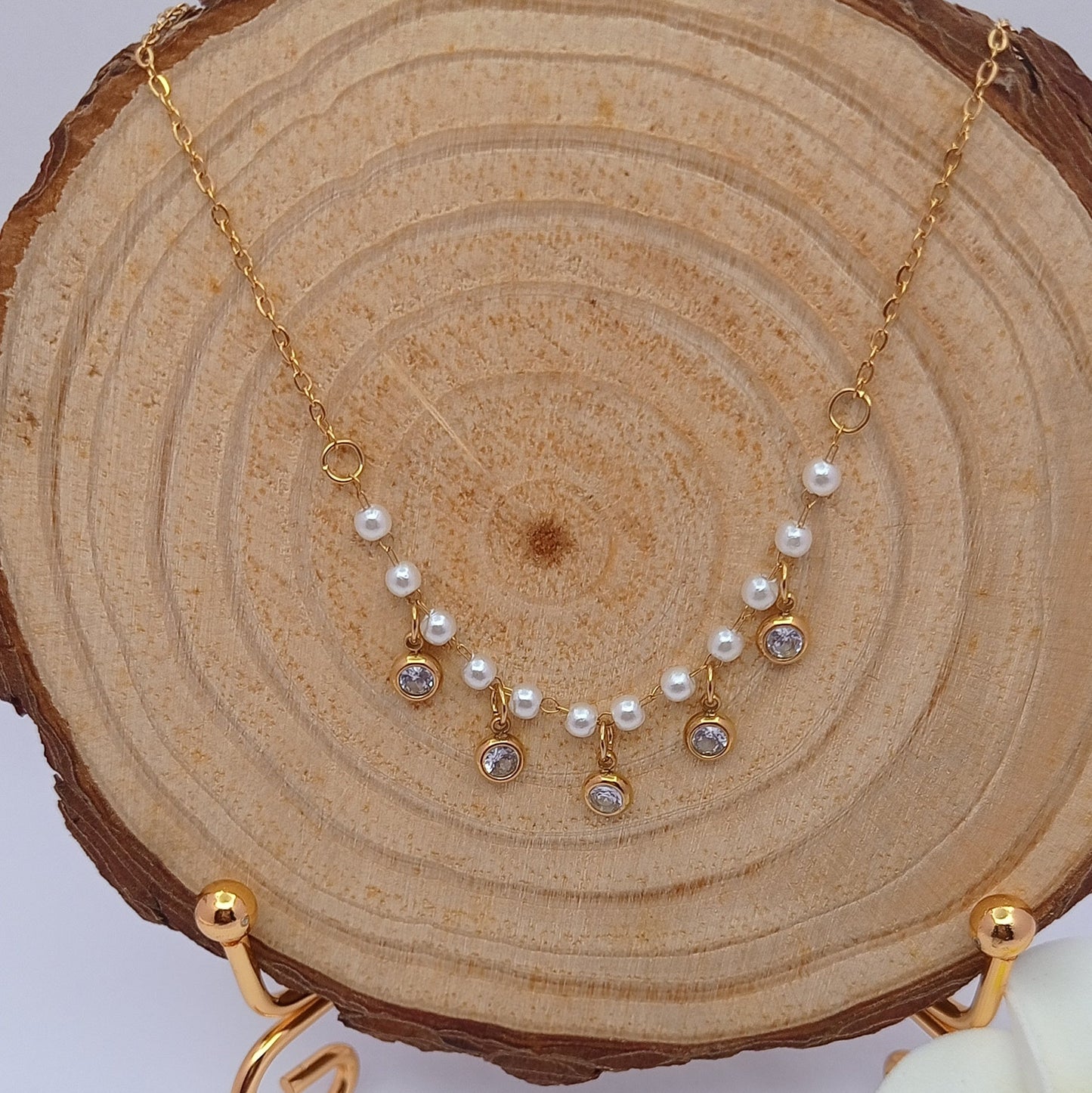 Gold Toned Pearl and Stone Hanging Charms Chain