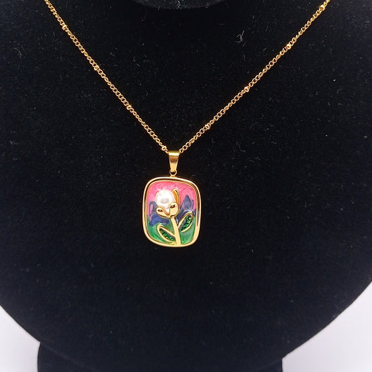 Enamel Pearl Flower Rectangle Chain