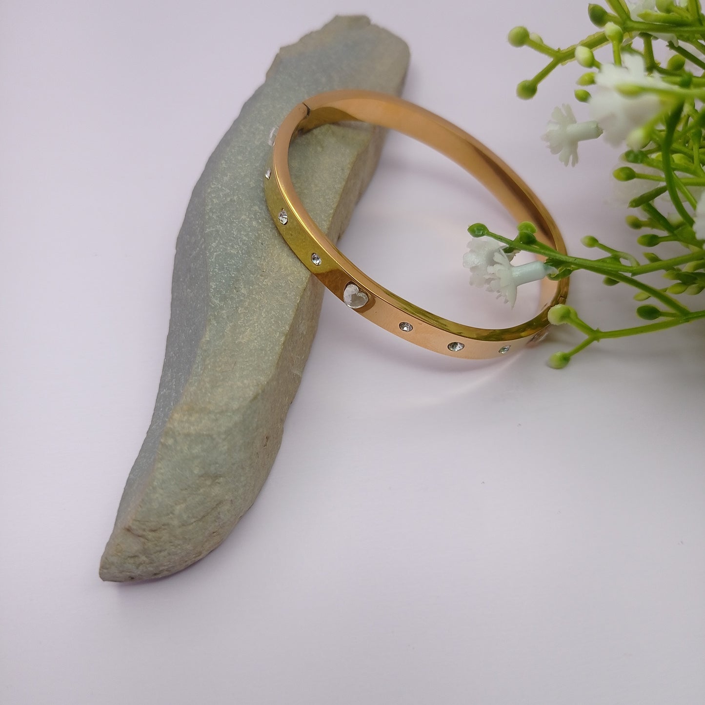 Heart Stone Bangle – Dainty Gold-Plated Heart & Stone Bangle Bracelet