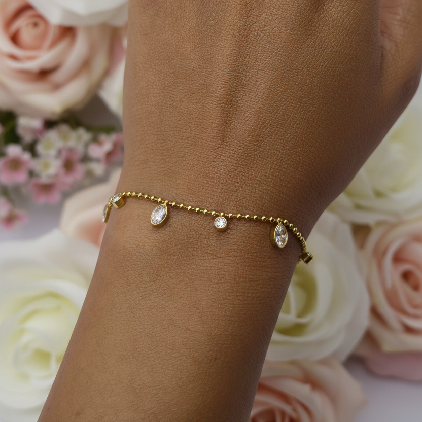 Crystal Drops Elegance Bracelet – Delicate Gold-Plated Drop & Stone Charm Bracelet