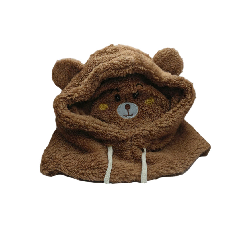 Brown teddy bear-shaped hoodie with a face on a white background